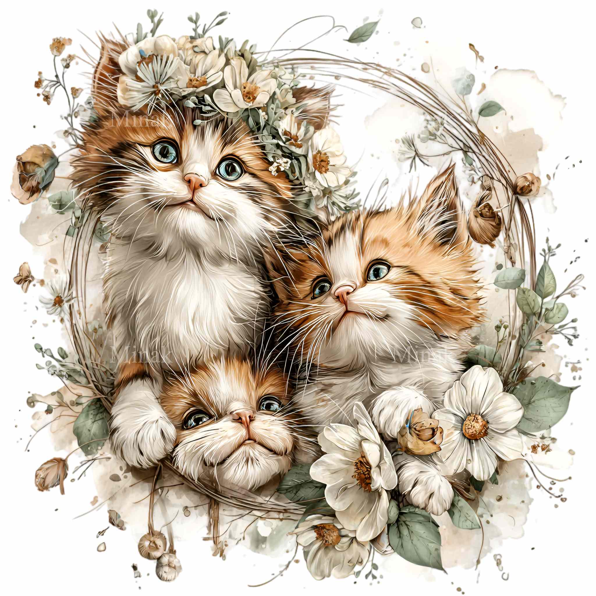 15 PNG Floral Kittens Clipart – Cute Cat Wreath PNG for Nursery Wall ...