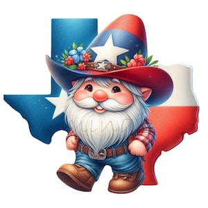 14 cliparts PNG Texas Gnome avec chapeau de cowboy, arrière-plan du drapeau de l'État et tenue western | Joli design du sud pour la sublimation et l'artisanat