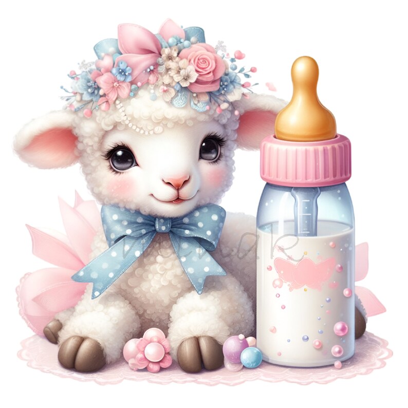May include: A charming illustration of a lamb with a floral crown and a blue polka-dot bow. Beside the lamb is a baby bottle with pink accents and a gold nipple. The lamb is surrounded by pink and blue decorative elements.