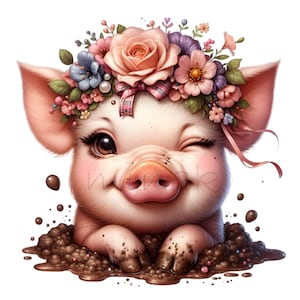 10 lindos cerdos guiñando un ojo PNG en el barro PNG Clipart - Descarga digital de animales de granja con corona floral para sublimación y manualidades