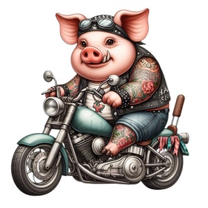 12 Maiale motociclista in sella a una motocicletta, Maiale tatuato in gilet di pelle PNG Clipart per progetti divertenti