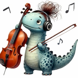 10 Muzycznych Dinozaurów PNG Clipart, Uroczy Dino ze Skrzypcami, Miłośnik Muzyki Dino Sztuka, Kawaii Muzyka Dino, Cyfrowe Pobieranie dla Dzieci