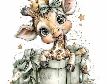15 PNG Baby giraffe clipart – cute safari animal PNG illustration – giraffe gift box art for nursery decor, baby shower, stickers, crafts