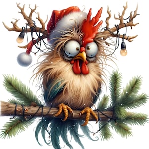 Clipart drôle de coq de Noël, 15 Crazy Santa Chicken PNG, Art oiseau de vacances, téléchargement numérique hiver lunatique