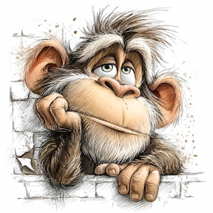 May include: A whimsical cartoon illustration of a monkey with a thoughtful expression. The monkey, rendered in shades of brown and tan, rests its chin on its hand, appearing to lean against a brick wall. The artwork has a sketched style with watercolor accents.