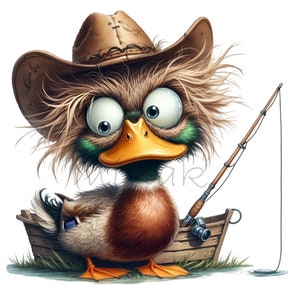 14 imágenes prediseñadas de pato pescador, pato de dibujos animados divertido con sombrero de vaquero y caña, descarga digital de pescador rústico en el lago