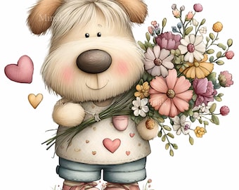 15 PNG Spring dog with flowers clipart – cute puppy holding bouquet – Mother's Day printable, nursery art, thank you card design, gift decor