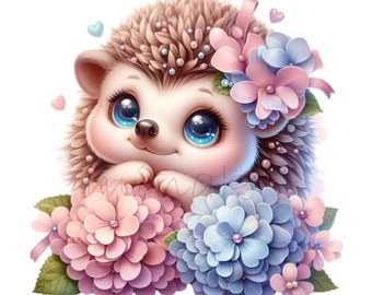 May include: A cute cartoon hedgehog with blue eyes and a pink and blue flower crown. The hedgehog is surrounded by pink and blue hydrangea flowers.