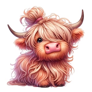 12 schattige Highland Cow PNG-clipart met roze neus en knot, pluizig kalf kunst voor kinderen decor, boerderijdieren downloaden