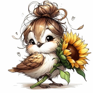 11 imágenes prediseñadas de pájaros adorables, pájaro adorable con girasol y moño desordenado, arte de animales de dibujos animados, sublimación de primavera, imprimible DIY
