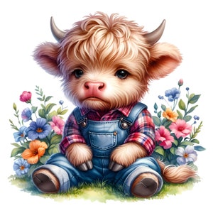 12 lindas vacas de las Tierras Altas PNG Clipart, Toro Bebé con Mono, Camisa a Cuadros y Flores, Arte de Animales de Granja, Descarga Digital