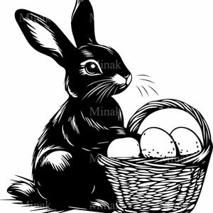 4 File di taglio SVG di coniglio, Silhouette di coniglio con cestino, Clipart di uova di Pasqua Download digitale per Cricut e taglio laser