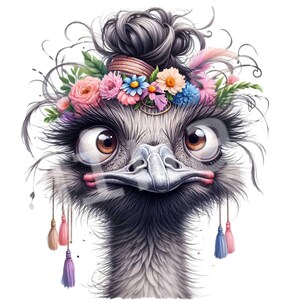 12 PNG de avestruz divertido: pájaro peculiar PNG, corona floral, arte animal para sublimación, impresiones de humor campestre, proyectos de manualidades DIY