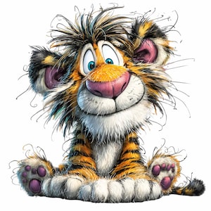 Può includere: Illustrazione di un cartone animato di un cucciolo di tigre sorridente con strisce arancioni e nere, occhi blu e naso rosa. La tigre ha la pelliccia disordinata ed è seduta con le zampe visibili.