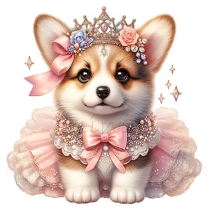 12 Princess Corgi PNG Clipart, Cute Dog in Pink Dress with Crown, Royal Puppy Digital Download for Sublimation & Crafts