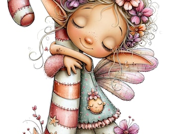 15 PNG Christmas Fairy Clipart, Elf Hugging Candy Cane Sublimation Art