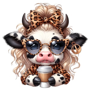 Funny Cow Clip Art, 15 PNG Cofee Clipart, Leopard Print Bow, Funny Grandma Mother's Day Card Making, Sublimation Printable, Wall Art
