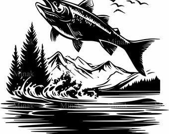 6 Salmon Jumping Svg, River Fish Mountain Landscape Nature Art
