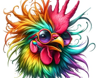 12 gafas de sol de gallo arcoíris PNG, gráfico de pájaro colorido