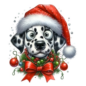 10 PNG Cappello da Babbo Natale Cane PNG – Clipart di Natale Dalmata – Immagine divertente di un cucciolo di vacanza per biglietti, lavoretti e sublimazione festiva