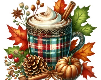 14 PNG Fall Coffee Clipart, Autumn Pumpkin Mug Plaid Cup