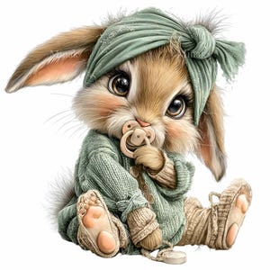 May include: A digitally rendered image of a baby bunny wearing a sage green outfit and a matching turban. The bunny has large, expressive eyes and is holding a pacifier. The bunny is wearing a knitted sweater, pants, and booties.