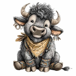 K&ouml;nnte beinhalten: Eine Illustration eines l&auml;chelnden, sitzenden Cartoon-Bullen mit grauem Fell und gro&szlig;en H&ouml;rnern. Der Bulle tr&auml;gt ein gelbes Halstuch, Armb&auml;nder mit Perlen und Ohrringe. Das Bild hat einen skurrilen, b&ouml;hmischen Stil.
