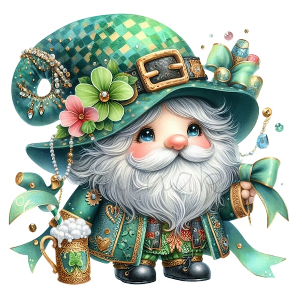Irish Clipart, Gnome Clip Art, 15 PNG Watercolor St Patrick's Day Clover Shamrocks, Junk Journal, Printable Nursery Room, DIY Card Making