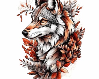 10 Wolf Portrait Fall Leaves PNG, Autumn Wildlife Sublimation Woodland Forest Print