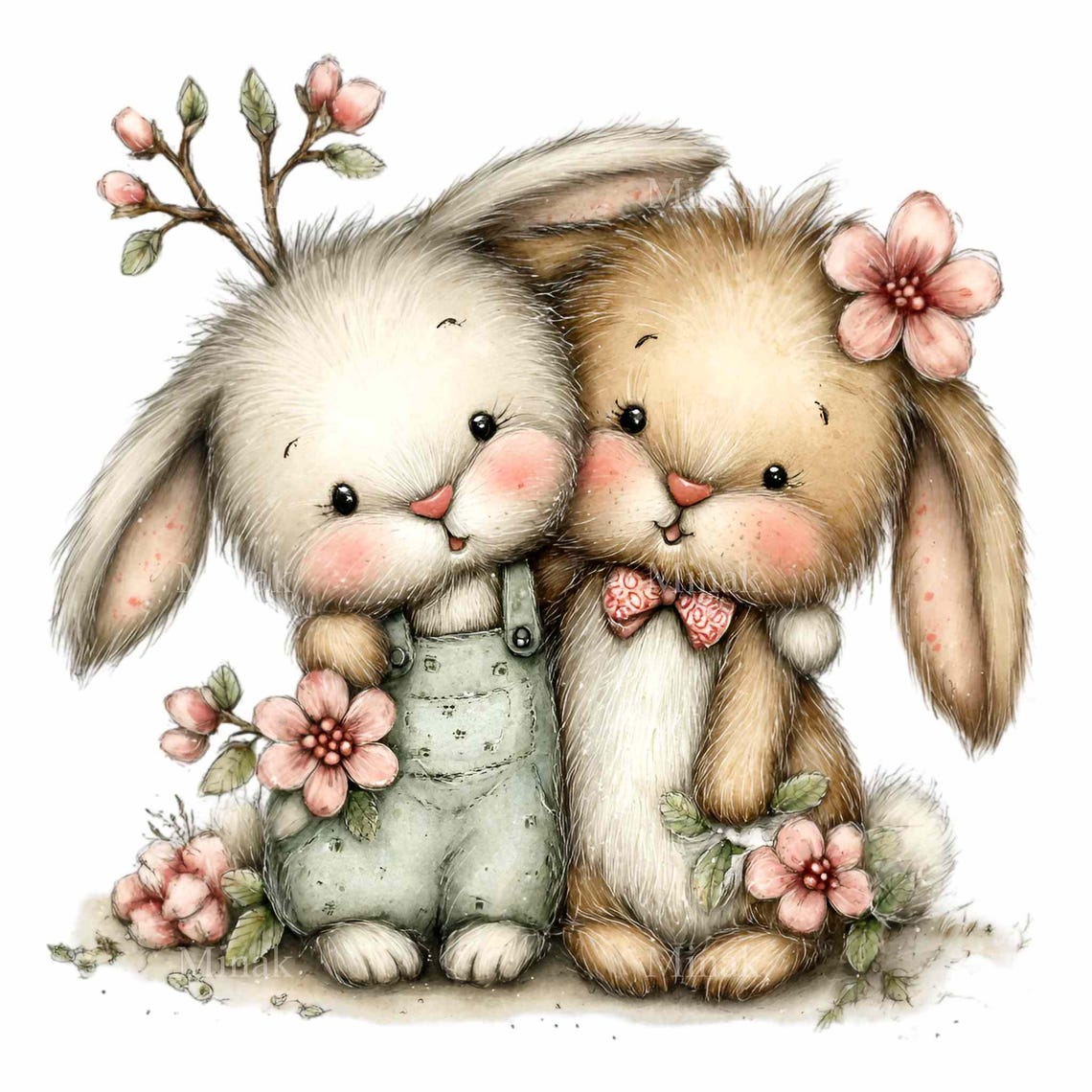 16 PNG Bunny Couple Clipart β Baby Rabbits Hug Illustration, Pastel ...