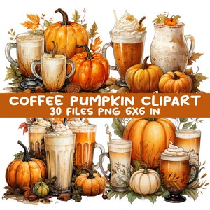 30 PNG Fall drinks PNG – Pumpkin coffee clipart – Autumn latte art for stickers, planners, invites, tumbler wraps, sublimation