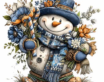 12 Floral Snowman With Blue Hat Png, Orange Candy Cane Pine Cone Winter Clipart