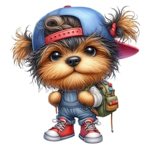 May include: A brown and black Yorkshire Terrier wearing a blue and red baseball cap, a blue denim overall, and a green backpack. The dog has a cute expression on its face.