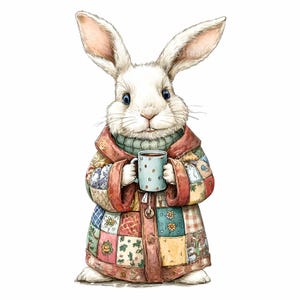 Könnte beinhalten: Aquarellillustration eines weißen Kaninchens mit einem Patchworkmantel und einer blauen Tasse mit einem braunen Getränk. Das Kaninchen hat lange Ohren und trägt einen grünen Pullover. Der Mantel besteht aus verschiedenen bunten Stoffquadraten.