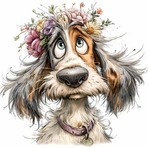 Puede incluir: Ilustración de dibujos animados de un perro con una corona de flores y un collar rosa. El perro tiene pelaje marrón y blanco y ojos expresivos mirando hacia arriba. La obra de arte es detallada, con un enfoque en el pelaje del perro y las flores.