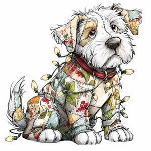 Op de afbeelding: Een illustratie van een terriër-mix hond versierd met patchwork stof en een rode halsband. De hond is gewikkeld in een slinger van gele kerstverlichting. De patchwork heeft bloemen- en bladerpatronen in verschillende kleuren, wat een feestelijk ontwerp creëert.