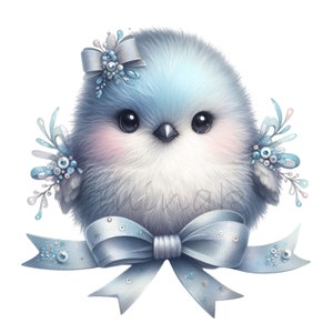 May include: A fluffy blue bird with a pink blush on its cheeks, wearing a blue bow and a sparkly headband. The bird is sitting on a blue ribbon with a large bow.