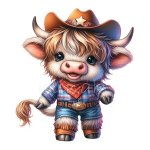 Vaquero de las Tierras Altas, clipart con camisa a cuadros y sombrero / 12 lindos animales de granja PNG digitales