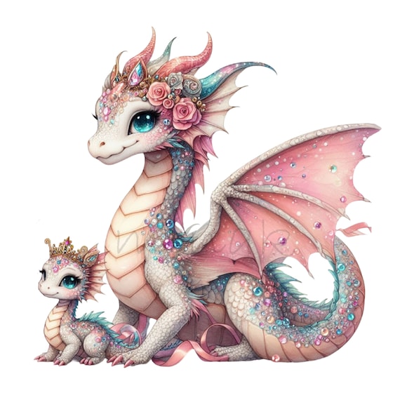 10 PNG Mother Baby Dragon Clipart – Fantasy Pink Dragon Illustration, Princess Nursery Wall Art, Magical Sublimation Design, Printable