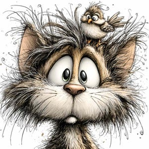 May include: A whimsical illustration of a cat with wide, expressive eyes and a surprised expression. A small bird perches atop the cat's head. The cat has brown and white fur, and the bird is brown and tan. The artwork has a cartoonish style.