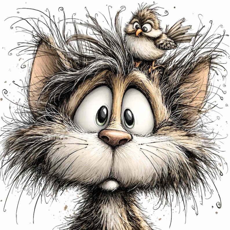 May include: A whimsical illustration of a cat with wide, expressive eyes and a surprised expression. A small bird perches atop the cat's head. The cat has brown and white fur, and the bird is brown and tan. The artwork has a cartoonish style.