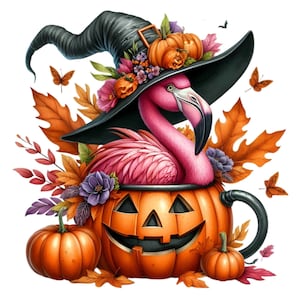 May include: A pink flamingo wearing a black witch's hat with orange pumpkins and autumn leaves. The flamingo is sitting inside a carved orange pumpkin with a jack-o'-lantern face.