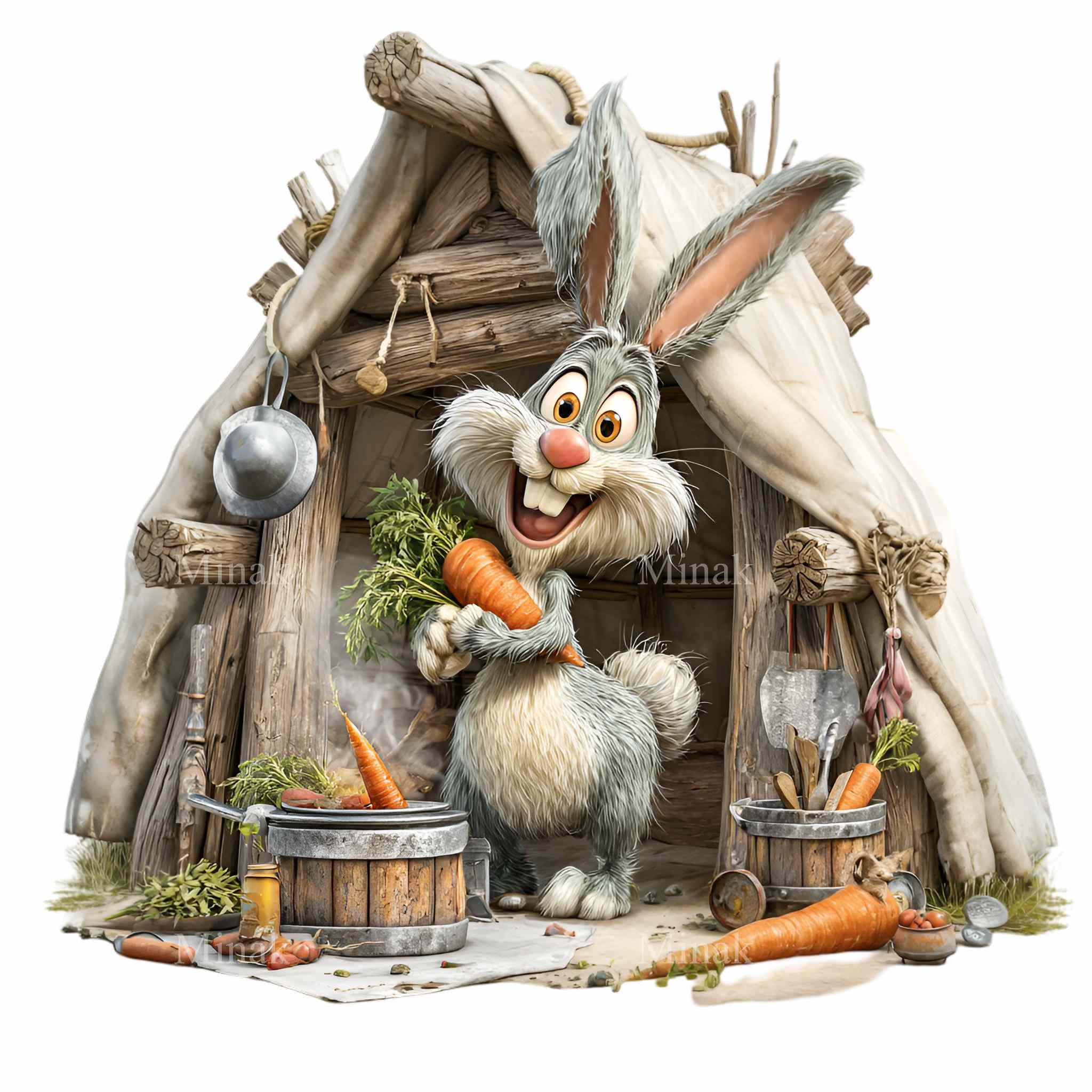 Spit Cooked Rabbit Cartoon 16 PNG Bunny Chef Cooking Clipart, Carrot Kitchen Art Rustic Cabin ...