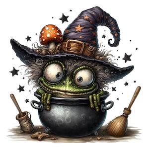 12 PNG grenouille sorcière, crapaud magique drôle dans le chaudron des cliparts, téléchargement numérique grenouille effrayante d'Halloween