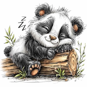 Może przedstawiać: Kreskówkowa ilustracja śpiącej pandy z czarno-białym futrem, odpoczywającej na drewnianym pniu. Panda ma zamknięte oczy i delikatny uśmiech. Zielone rośliny i efekt dźwiękowy "zzz" są również uwzględnione.
