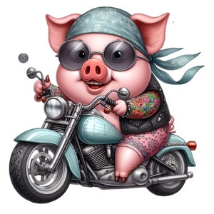 12 PNG Biker pig clipart - cool motorcycle pig png for crafters, funny farm animal design, shirt prints, stickers and sublimation projects
