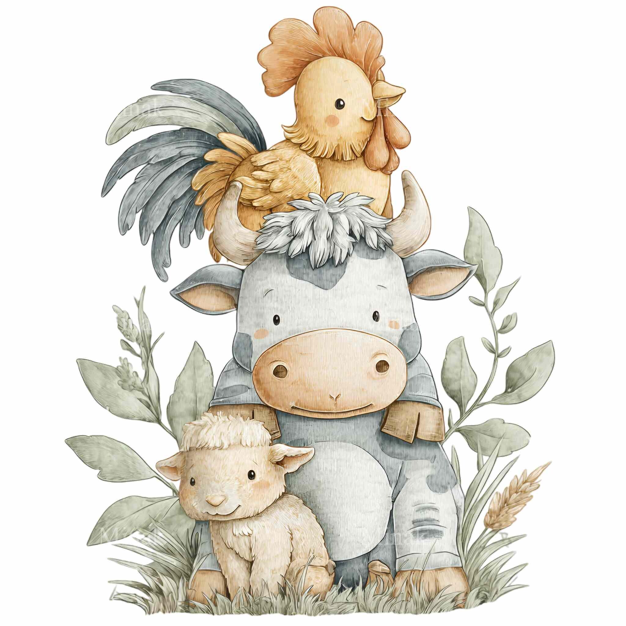 16 PNG Watercolor Farm Animal Clipart – Cow Donkey Chicken Illustration ...
