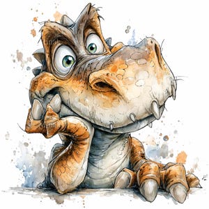 Może przedstawiać: Akwarelowa ilustracja kreskówkowego dinozaura z dużymi zielonymi oczami, teksturowanym pomarańczowo-brązowym pyskiem i ostrymi zębami. Dinozaur opiera podbródek na dłoni, z ciekawym wyrazem twarzy. Grafika ma kapryśny, zabawny styl.