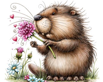 12 PNG Beaver Flower Clipart, Woodland Rodent Blossom Field