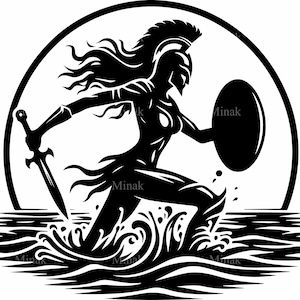 May include: Black and white illustration of a warrior woman with a sword and shield, emerging from the waves. The warrior is wearing a helmet and armor, and her hair is flowing behind her. The image is set against a background of a full moon.